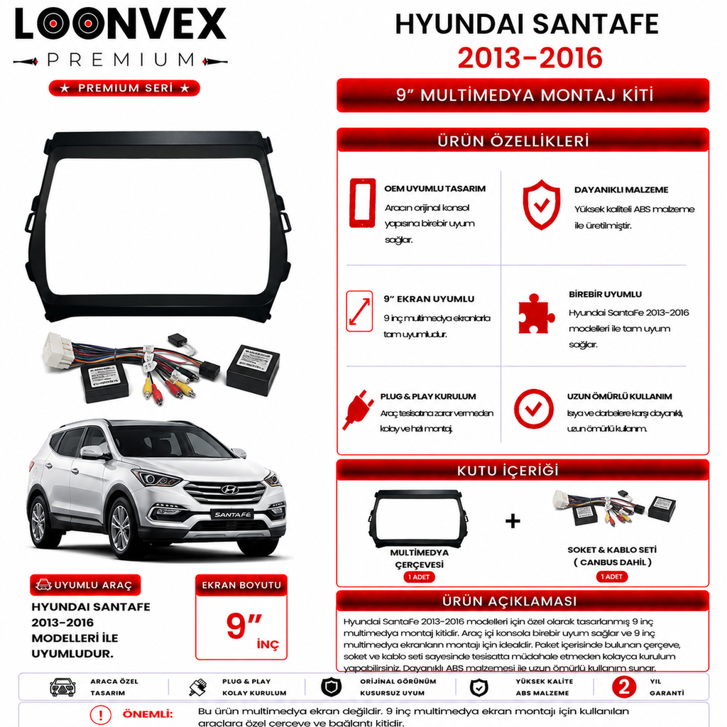 PREMIUM – HYUNDAI SANTA FE 2013-2016 9" MULTİMEDYA ÇERÇEVE + SOKET KİTİ