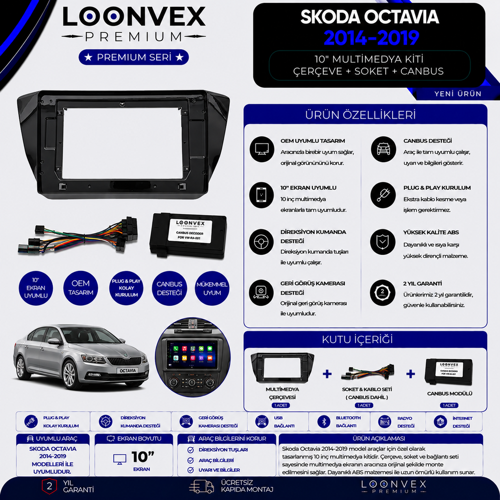 Premium Skoda Octavia 2014-2019 10 İnç Multimedya Çerçeve + Soket + CANBUS Montaj Kiti
