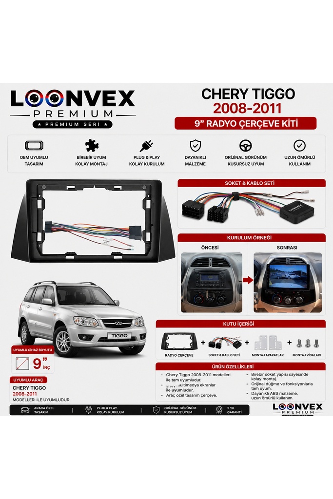 Chery Tiggo 2008-2011 9 İnç Multimedya Çerçeve + Soket Seti OEM Uyumlu