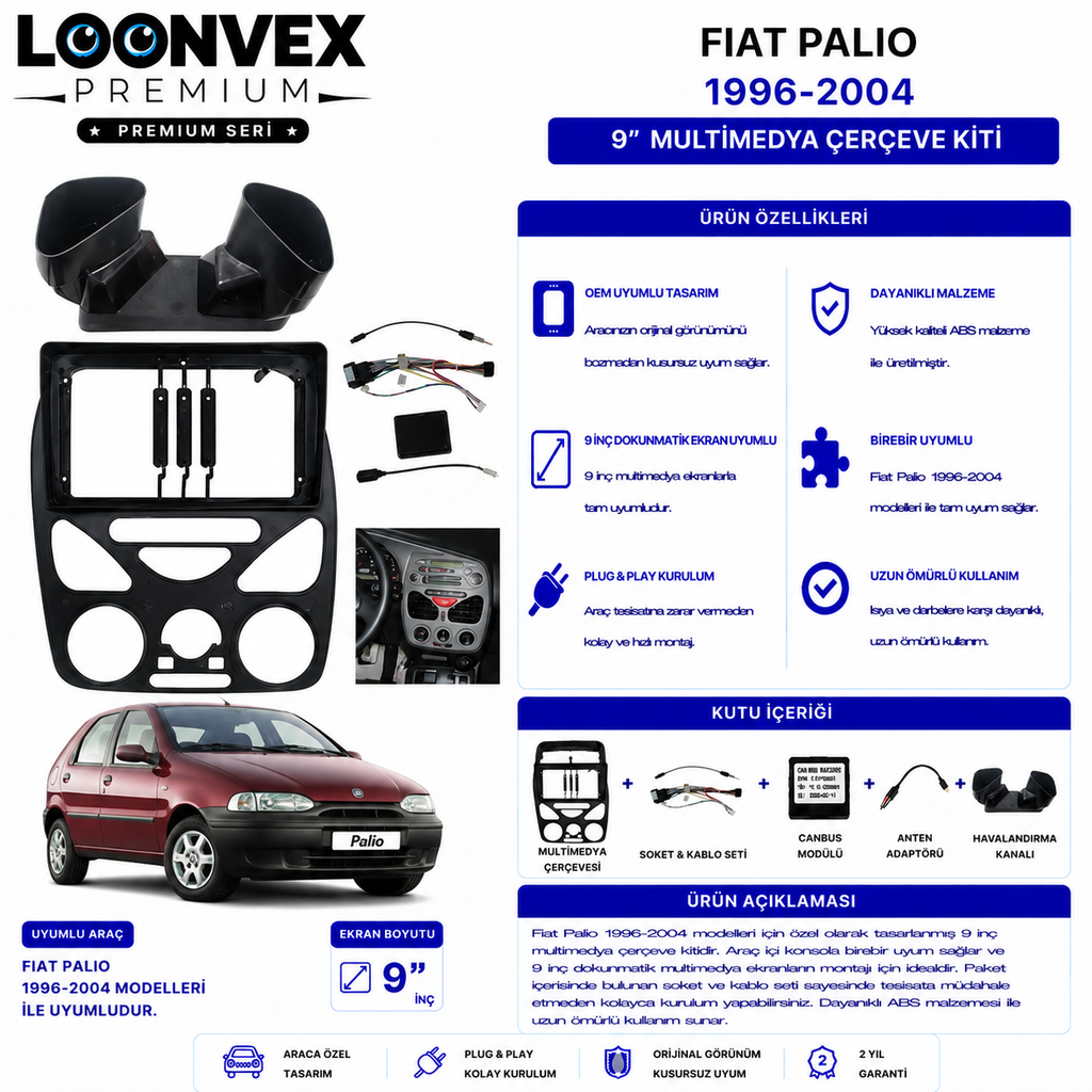 PREMIUM – FIAT PALIO 1996-2004 9" MULTİMEDYA ÇERÇEVE + SOKET KİTİ