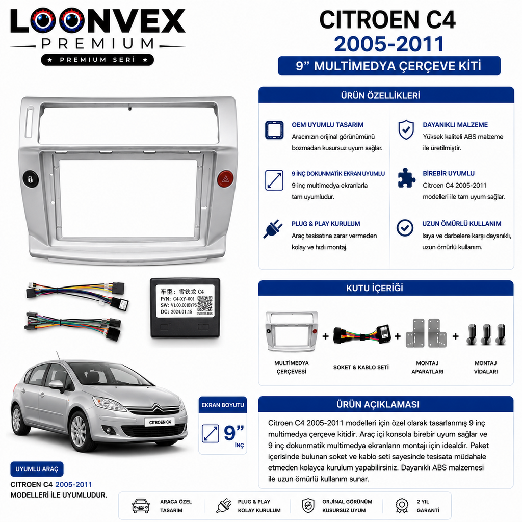 Citroen C4 2005-2011 9 İnç Multimedya Çerçeve + Soket Seti OEM Uyumlu