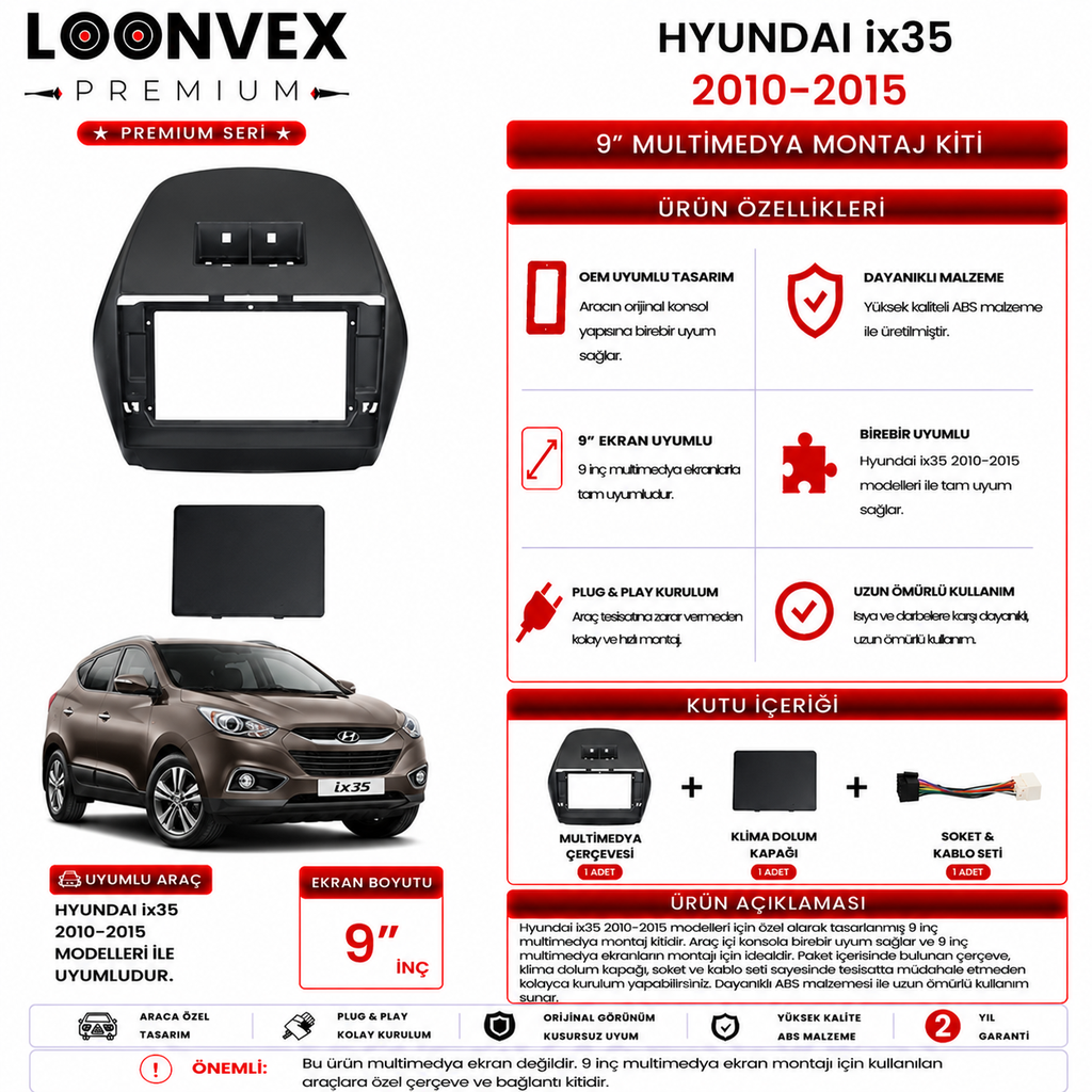 PREMIUM – HYUNDAI ix35 2010-2015 9" MULTİMEDYA ÇERÇEVE + SOKET KİTİ