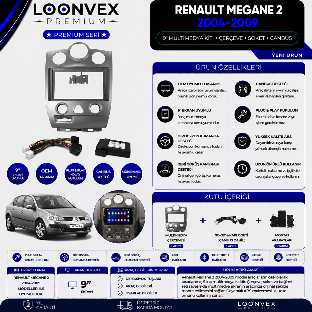 Premium Renault Megane 2 2004-2009 9 İnç Alt Konsol Multimedya Çerçeve + Soket + CANBUS Kiti