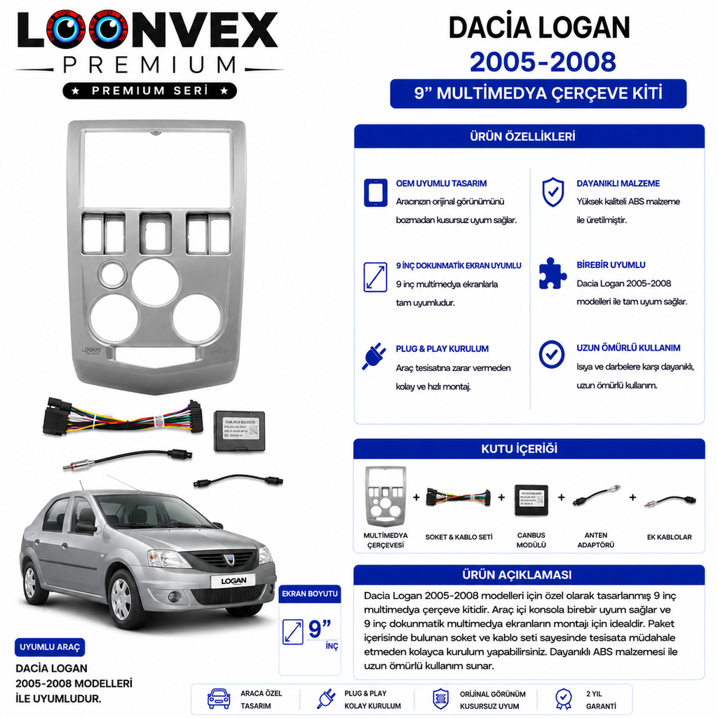 PREMIUM – DACIA LOGAN 2005-2008 9" MULTİMEDYA ÇERÇEVE + SOKET KİTİ