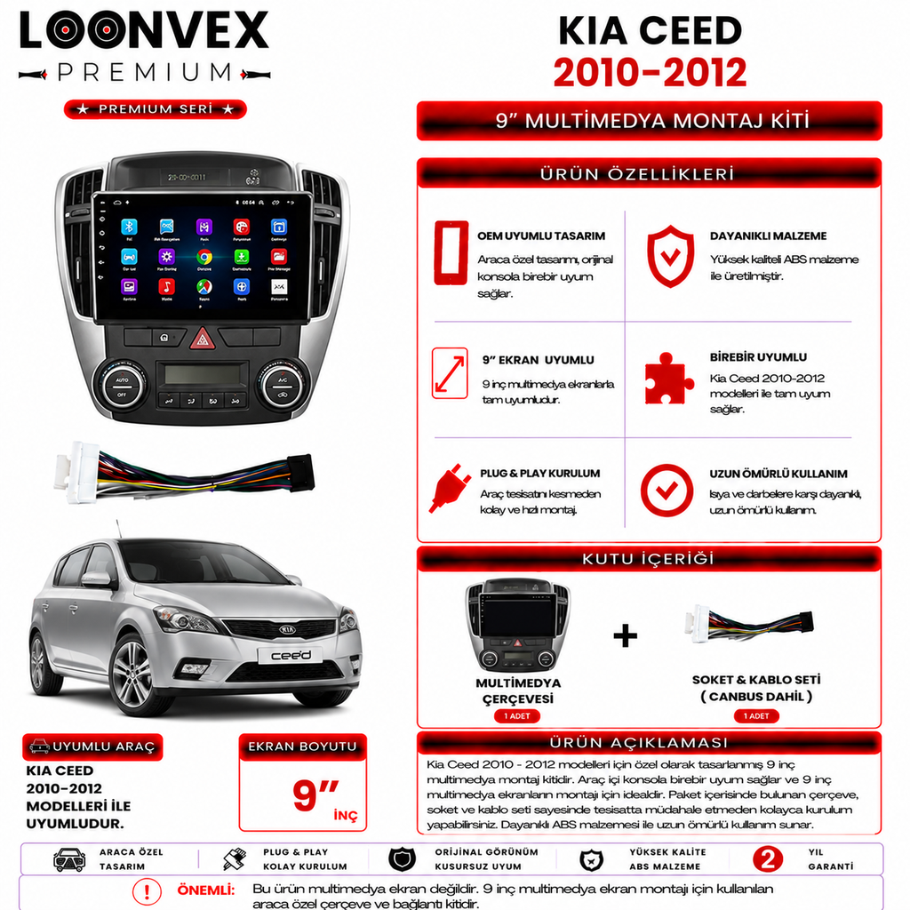 PREMIUM – KIA CEED 2010-2012 9" MULTİMEDYA ÇERÇEVE + SOKET KİTİ