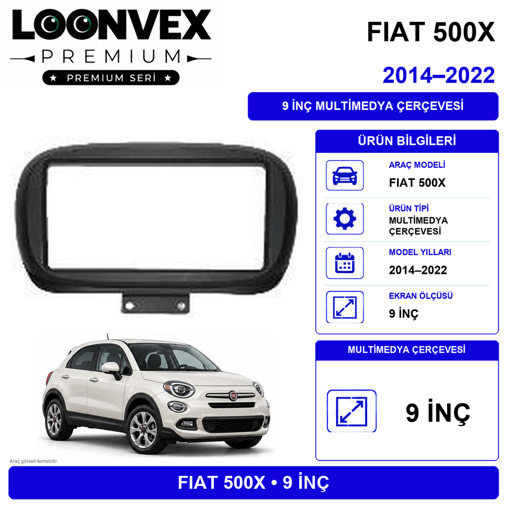 LOONVEX PREMIUM – FIAT 500X 2018-2019 9" MULTİMEDYA ÇERÇEVE + SOKET KİTİ