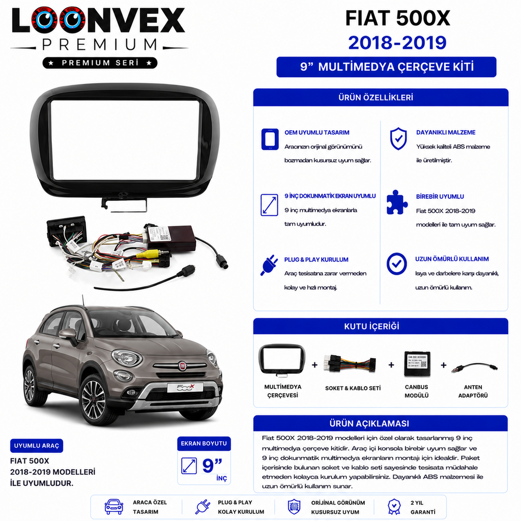 PREMIUM – FIAT 500X 2018-2019 9" MULTİMEDYA ÇERÇEVE + SOKET KİTİ