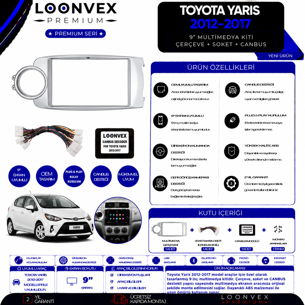 Premium Toyota Yaris 2012-2017 9 İnç Multimedya Çerçeve + Soket + CANBUS Montaj Kiti
