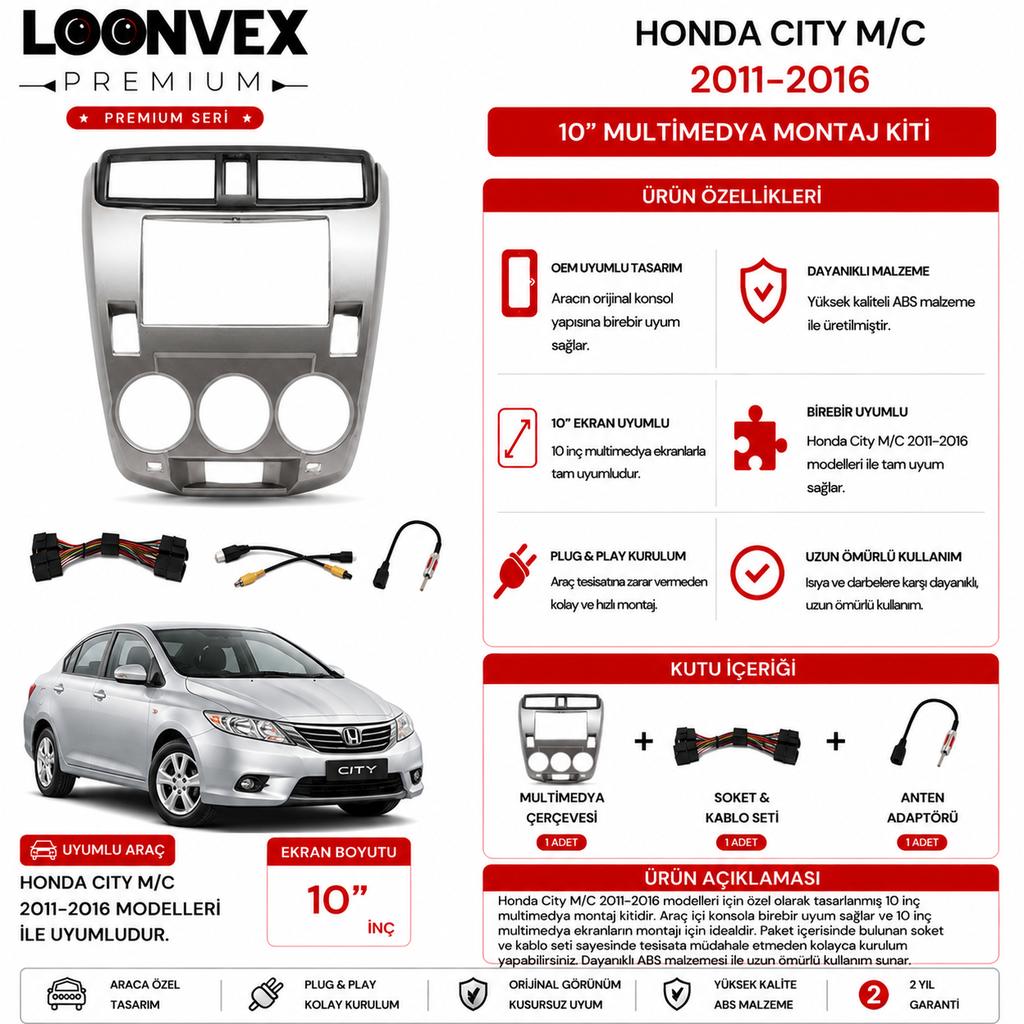 PREMIUM – HONDA CITY M/C 2011-2016 10" MULTİMEDYA ÇERÇEVE + SOKET KİTİ