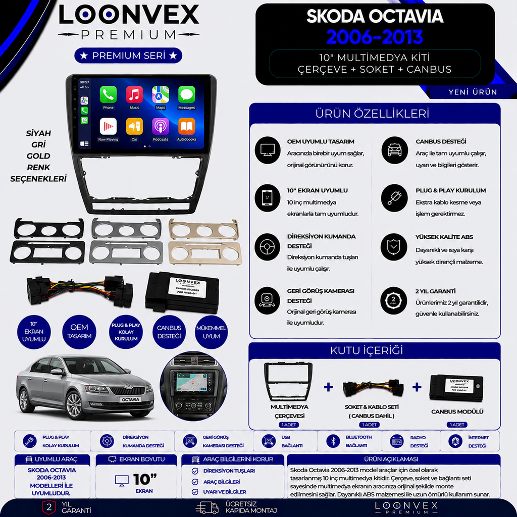 Premium Skoda Octavia 2006-2013 10 İnç Multimedya Çerçeve + Soket + CANBUS Montaj Kiti