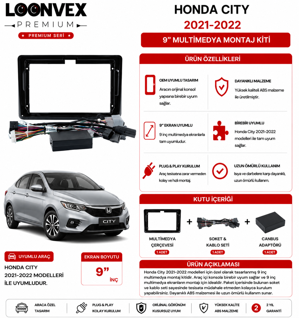 PREMIUM – HONDA CITY 2021-2022 9" MULTİMEDYA ÇERÇEVE + SOKET KİTİ