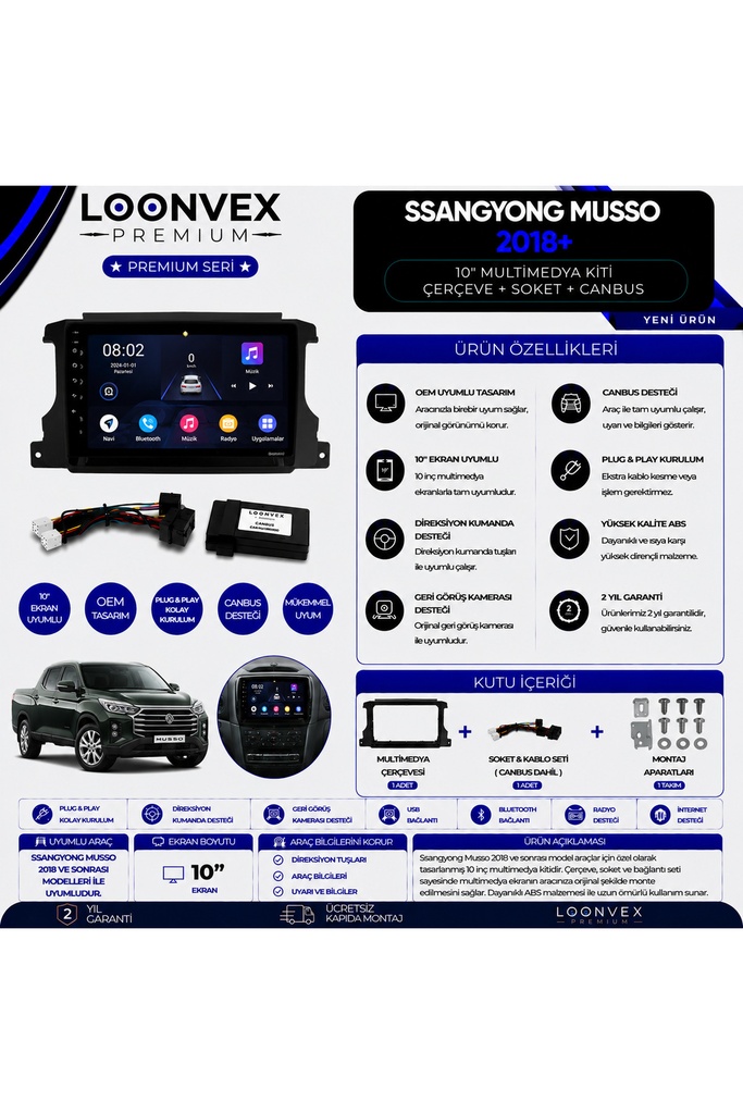 Premium SsangYong Musso 2018+ 10 İnç Multimedya Çerçeve + Soket + CANBUS Montaj Kiti