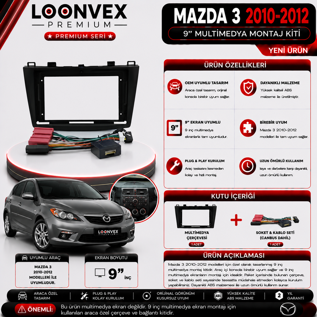 PREMIUM MAZDA 3 2010-2012 9" MULTİMEDYA MONTAJ KİTİ