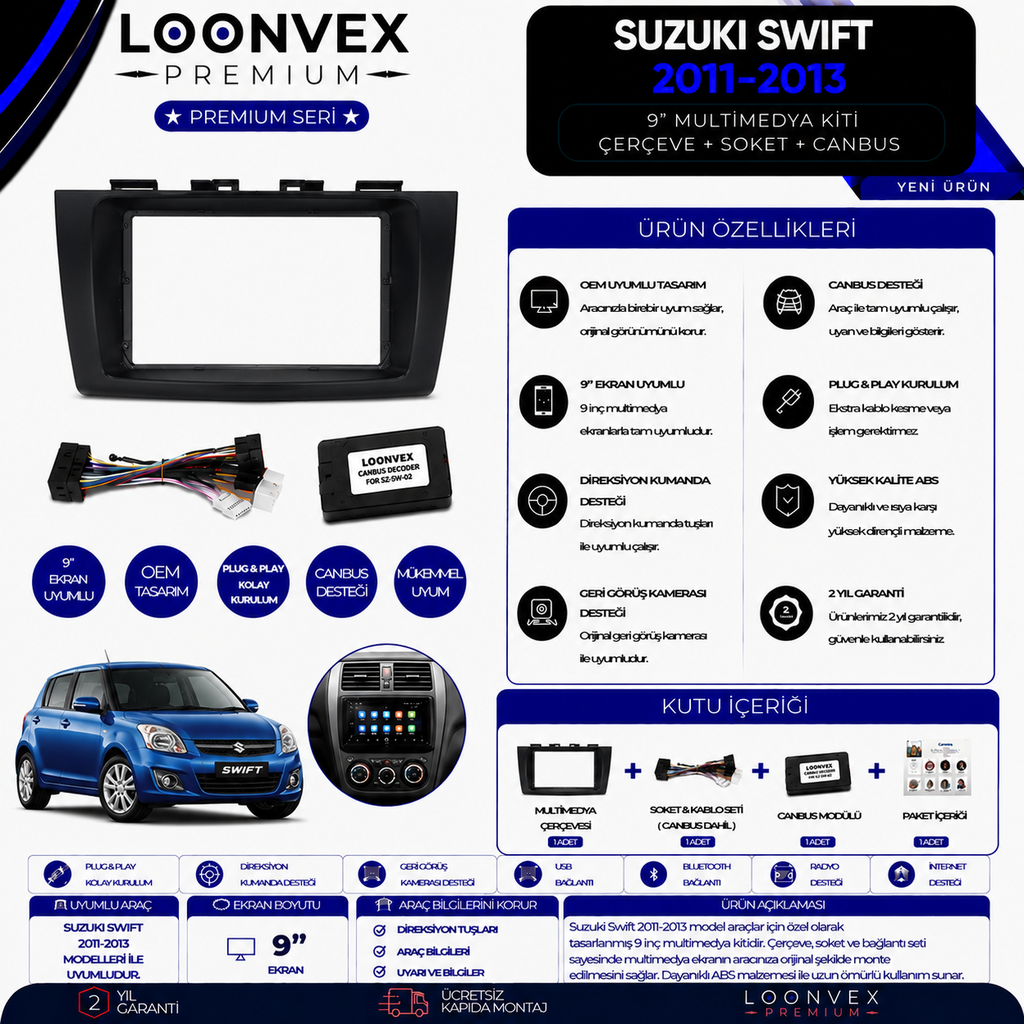 Premium Suzuki Swift 2011-2013 9 İnç Multimedya Çerçeve + Soket + CANBUS Montaj Kiti