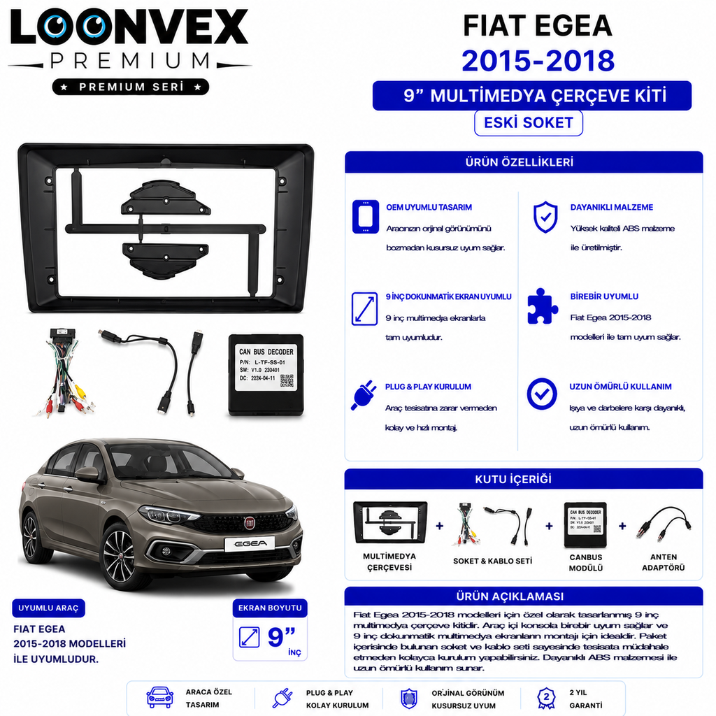 PREMIUM – FIAT EGEA 2015-2018 9" MULTİMEDYA ÇERÇEVE + ESKİ SOKET KİTİ
