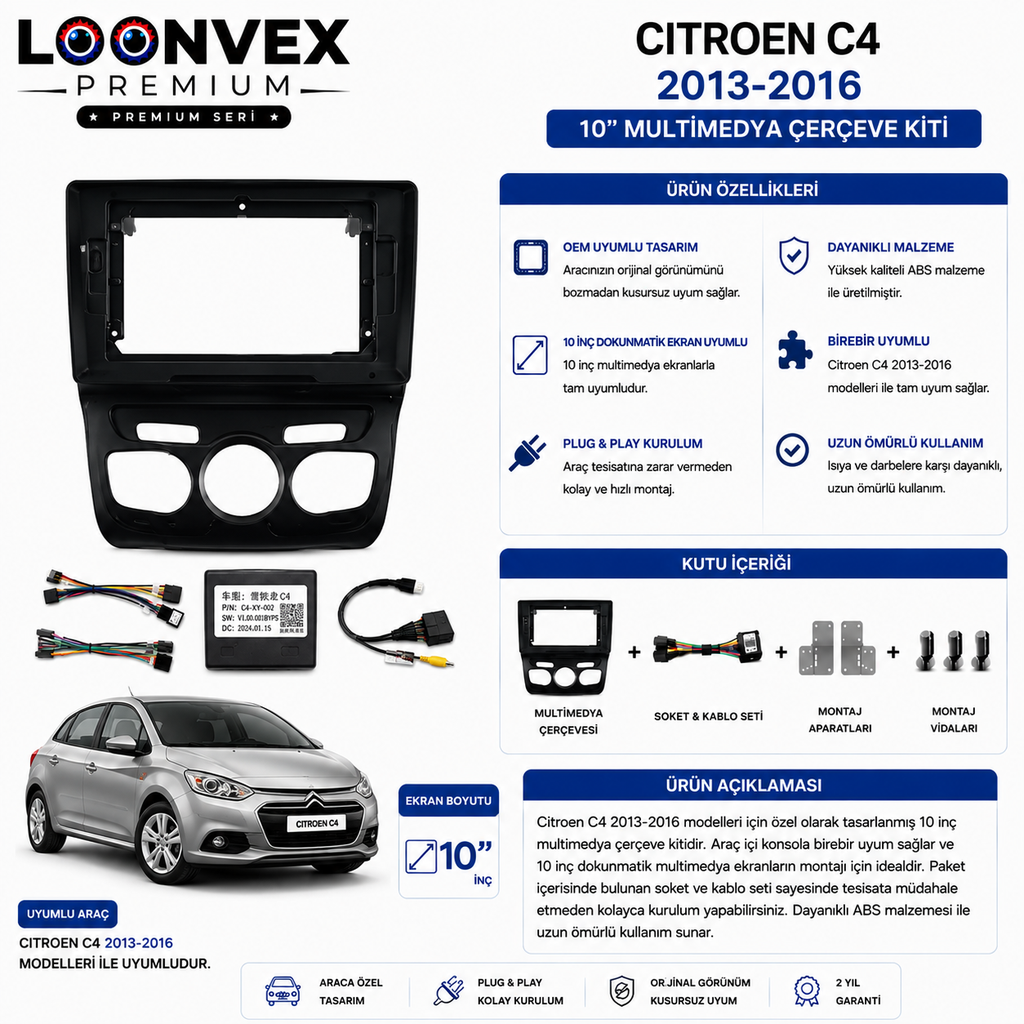Citroen C4 2013-2016 10 İnç Multimedya Çerçeve + Soket Seti OEM Uyumlu