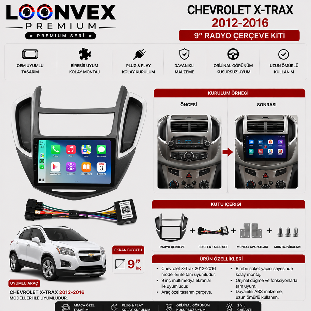 Chevrolet X-Trax 2012-2016 9 İnç Multimedya Çerçeve + Soket Seti OEM Uyumlu