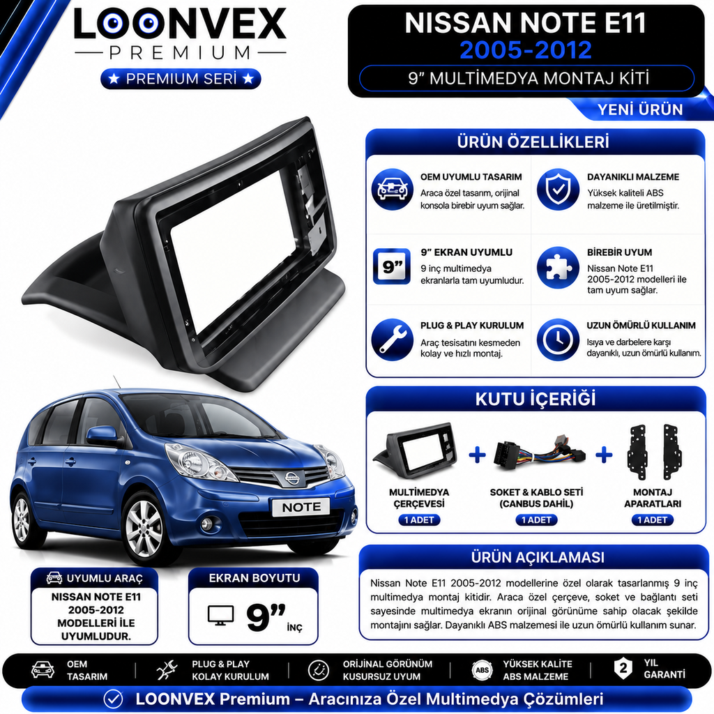 Premium Nissan Note E11 2005-2012 9 İnç Multimedya Çerçeve ve Soket Montaj Kiti