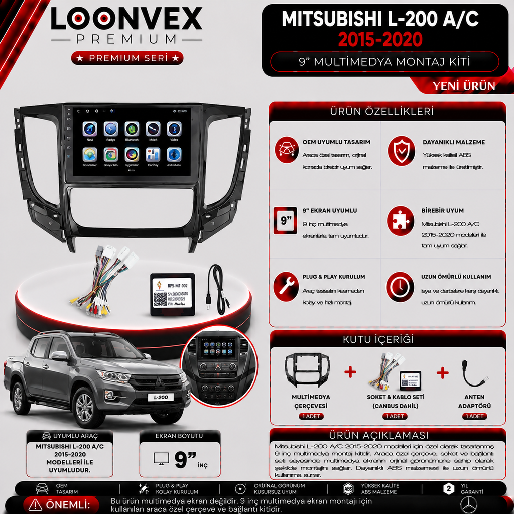 PREMIUM MITSUBISHI L-200 A/C 2015-2020 9" MULTİMEDYA MONTAJ KİTİ