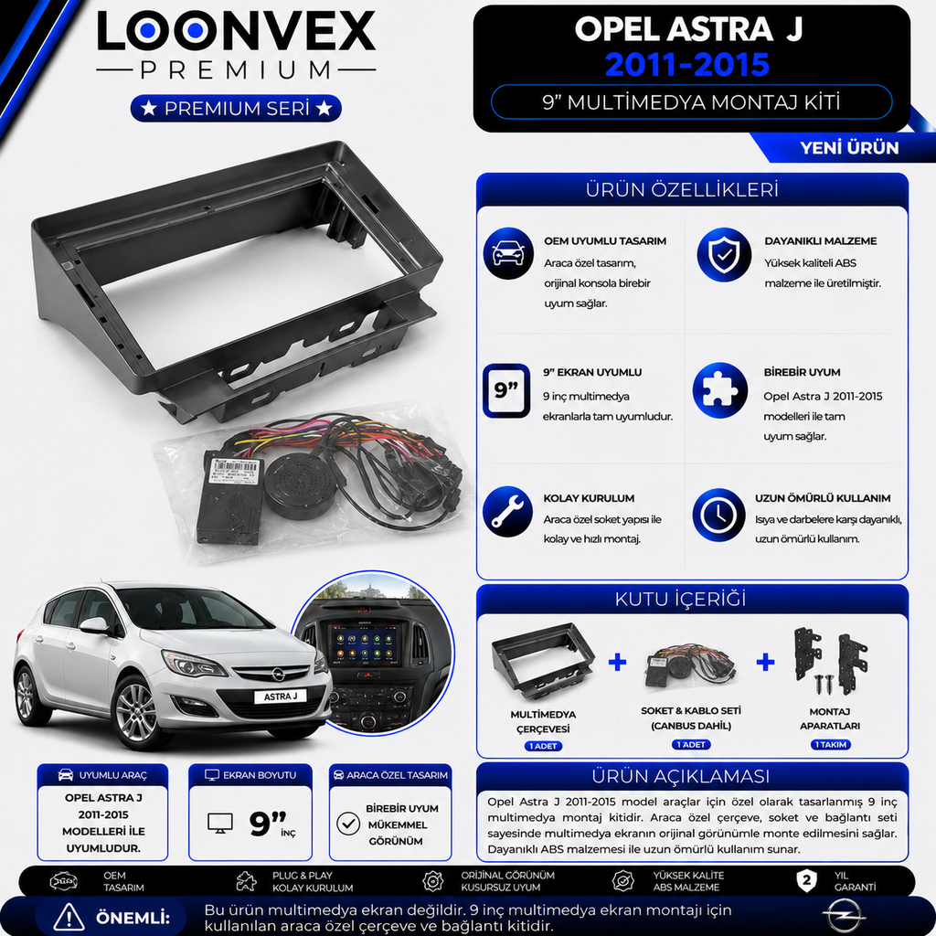 Premium Opel Astra J 2011-2015 9 İnç Multimedya Çerçeve ve Soket Montaj Kiti