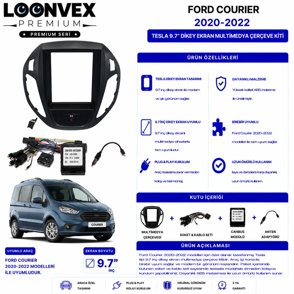 PREMIUM – FORD COURIER 2020-2022 TESLA 9.7" MULTİMEDYA ÇERÇEVE + SOKET KİTİ