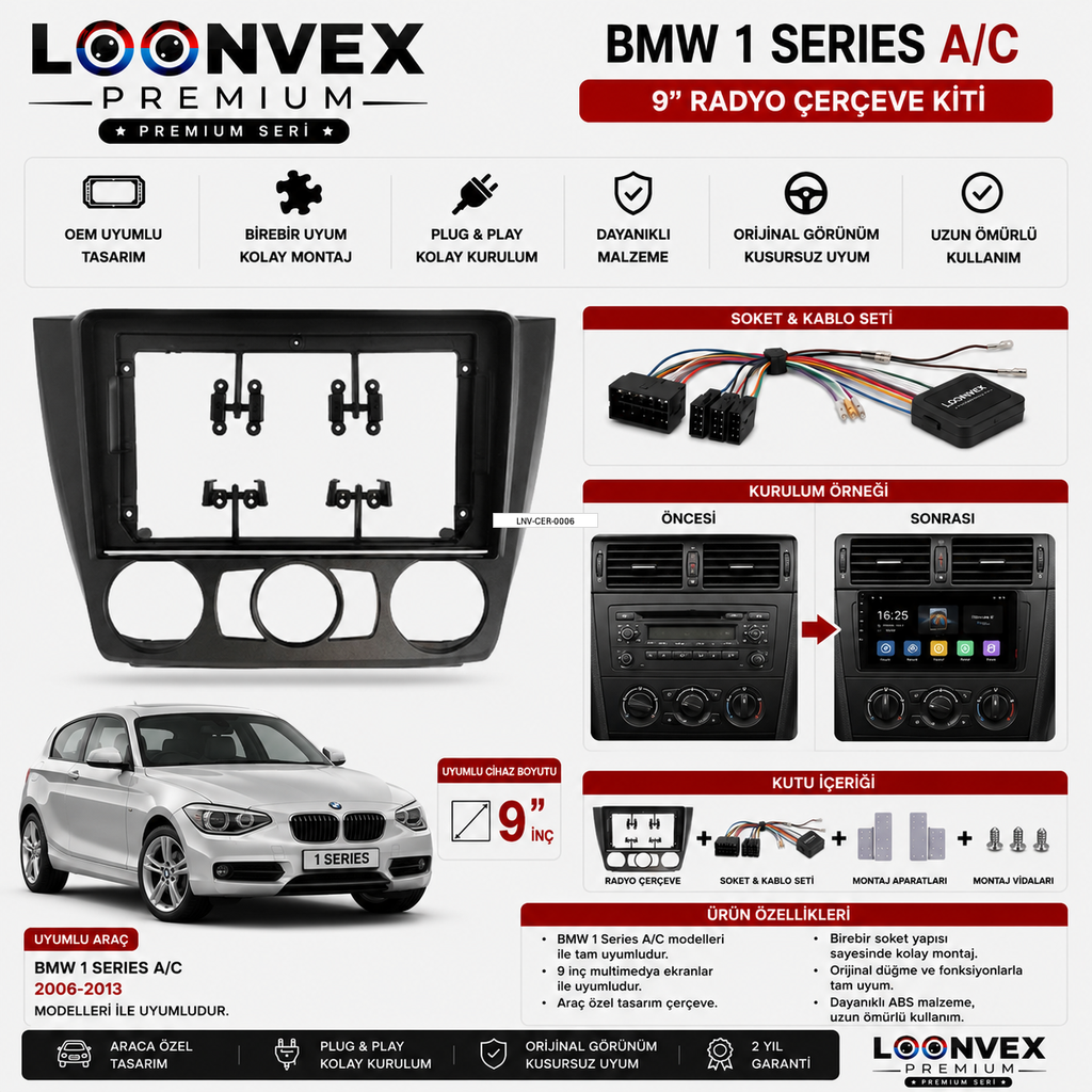 BMW 1 Series A/C 9 İnç Multimedya Çerçeve + Soket Seti OEM Uyumlu