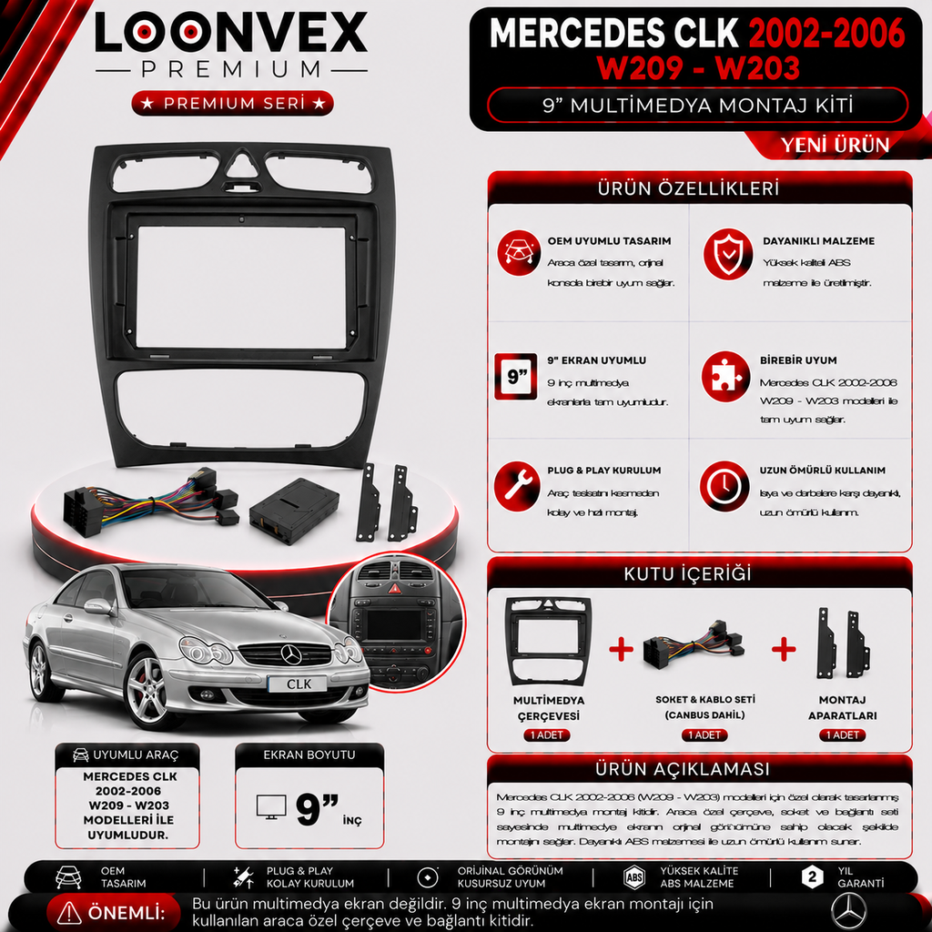 PREMIUM MERCEDES CLK 2002-2006 W209-W203 9" MULTİMEDYA MONTAJ KİTİ
