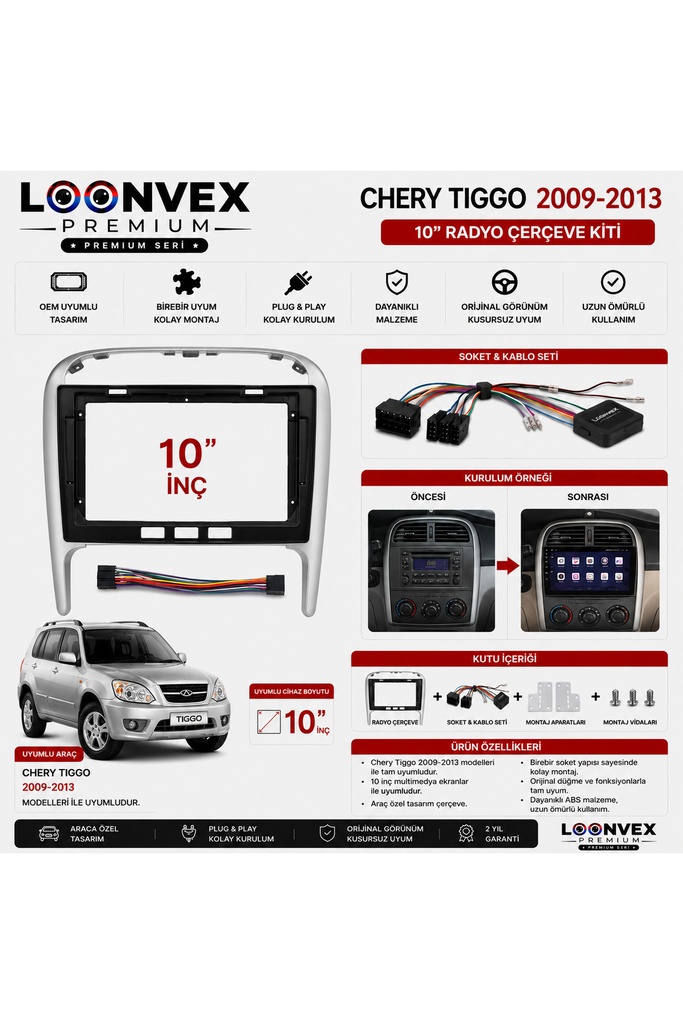 Chery Tiggo 2009-2013 10 İnç Multimedya Çerçeve + Soket Seti OEM Uyumlu