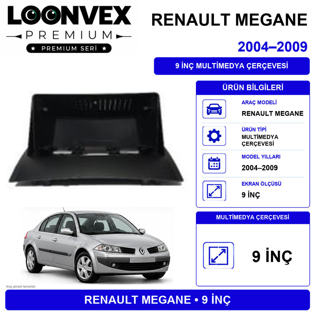 [LNV-CER-0253] LOONVEX Premium Renault Megane 2 2004-2009 9 İnç Multimedya Çerçeve + Soket + CANBUS Montaj Kiti