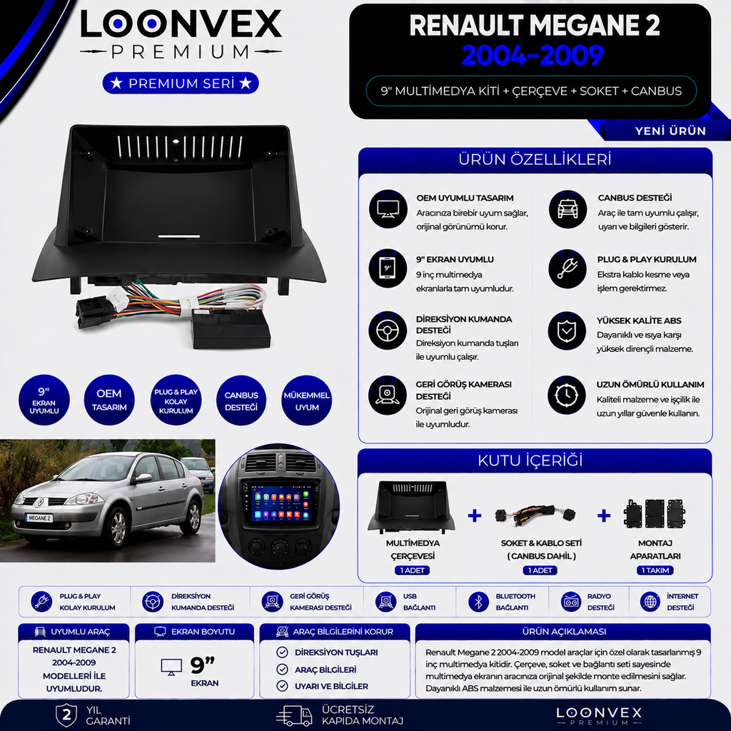 Premium Renault Megane 2 2004-2009 9 İnç Multimedya Çerçeve + Soket + CANBUS Montaj Kiti