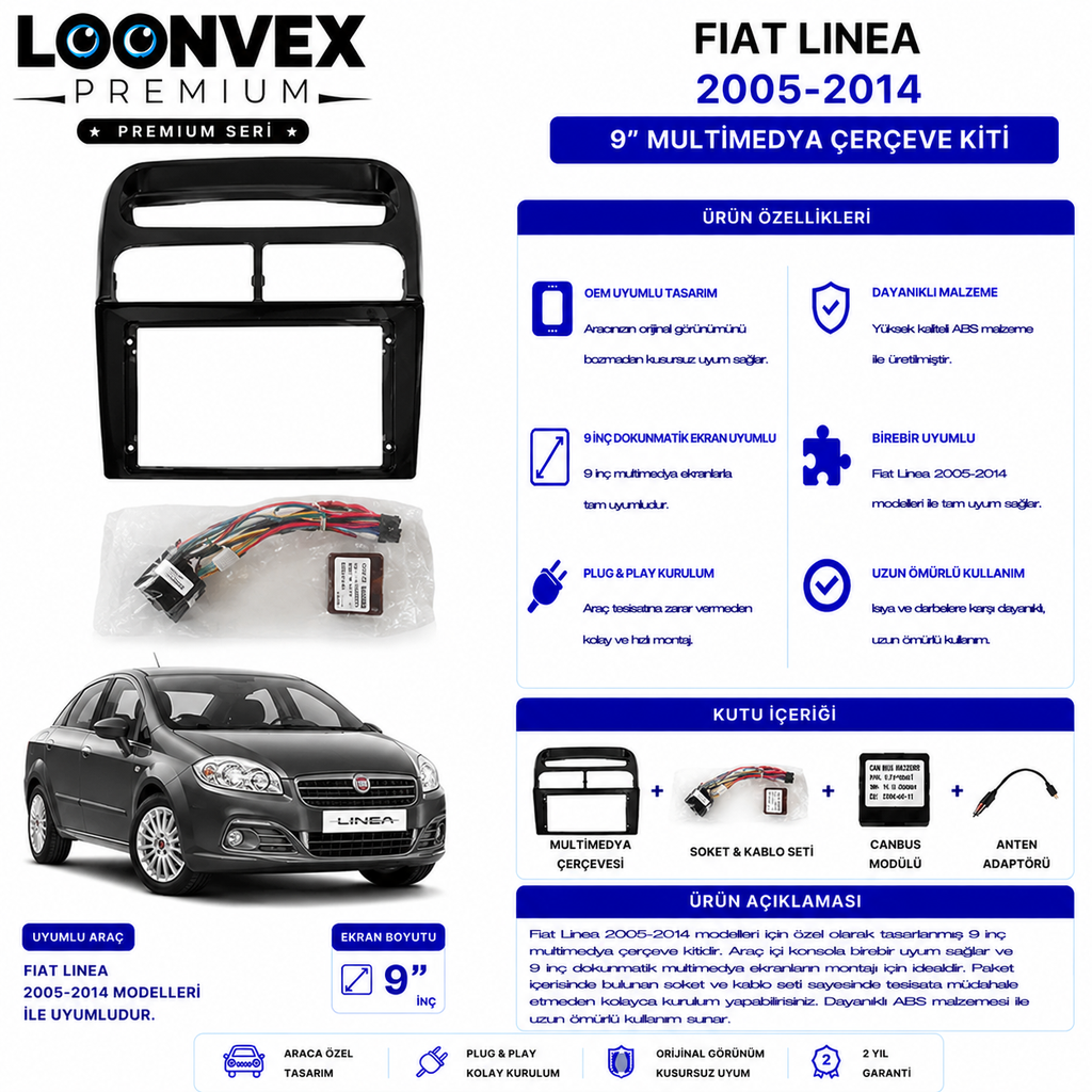 PREMIUM – FIAT LINEA 2005-2014 9" MULTİMEDYA ÇERÇEVE + SOKET KİTİ