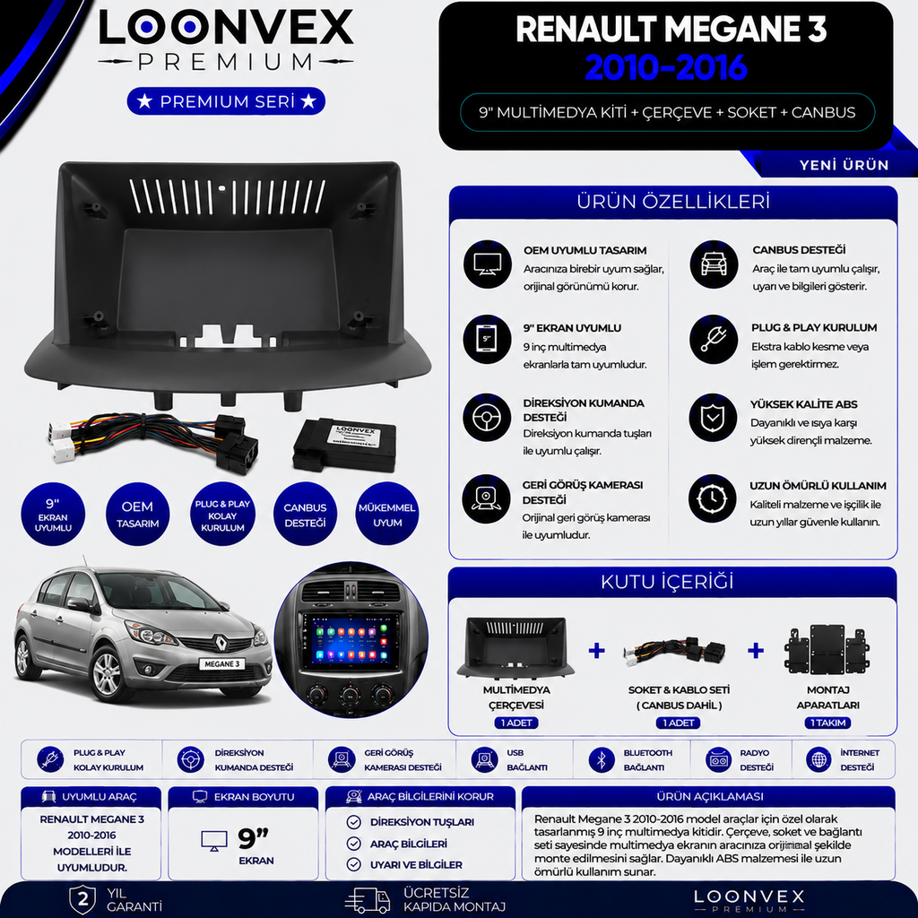 Premium Renault Megane 3 2010-2016 9 İnç Multimedya Çerçeve + Soket + CANBUS Montaj Kiti