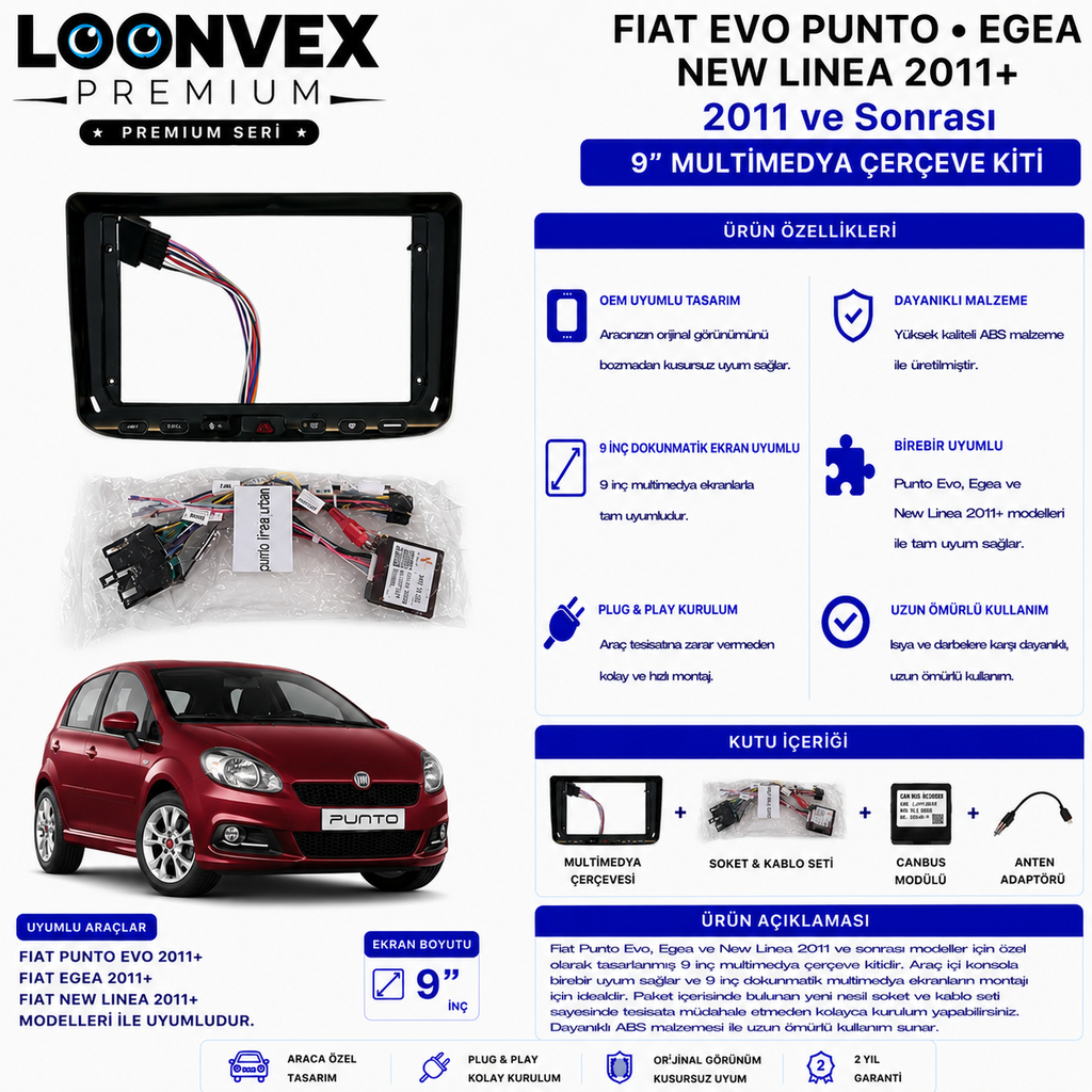 PREMIUM – FIAT PUNTO EVO / EGEA / NEW LINEA 2011+ 9" MULTİMEDYA ÇERÇEVE + SOKET KİTİ