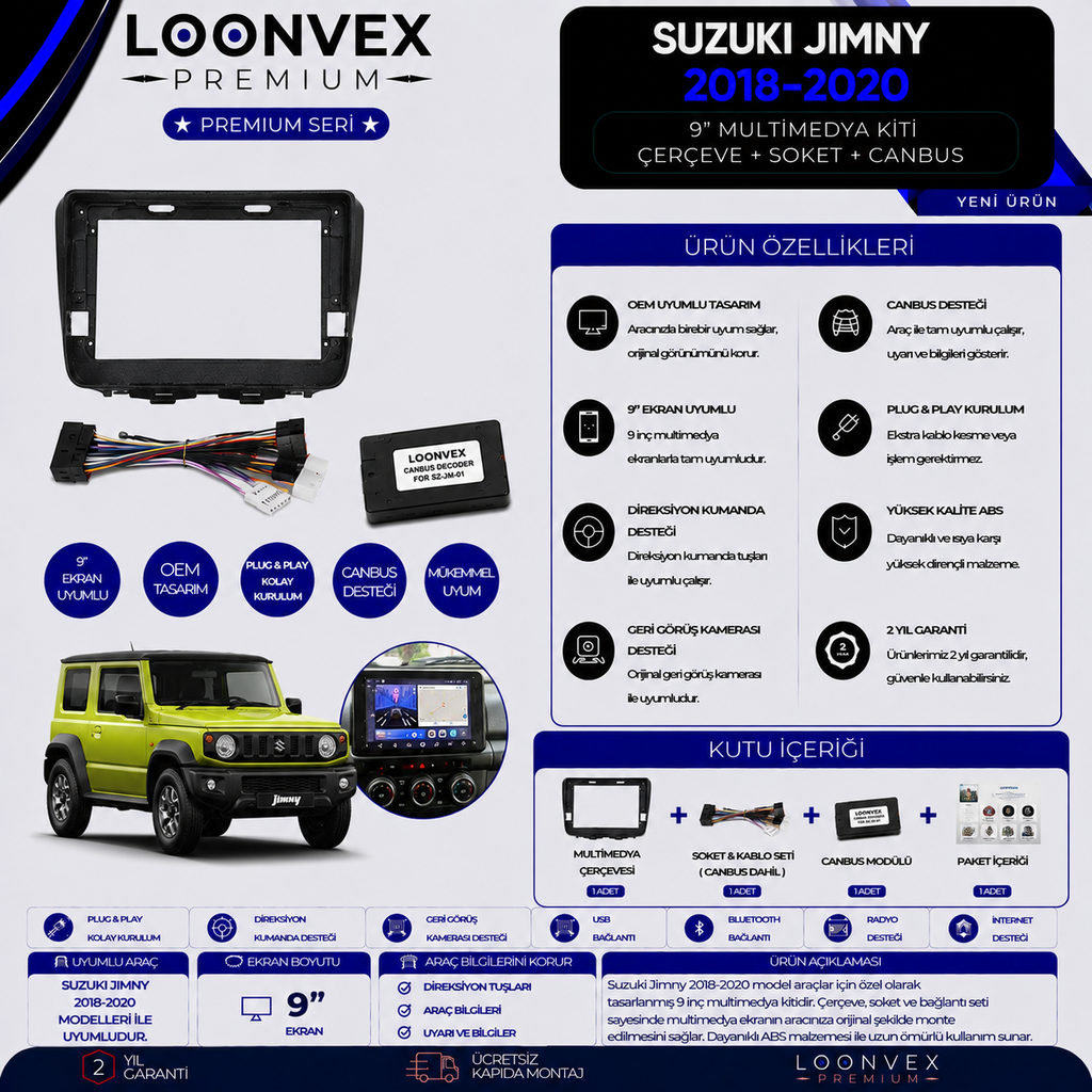 Premium Suzuki Jimny 2018-2020 9 İnç Multimedya Çerçeve + Soket + CANBUS Montaj Kiti