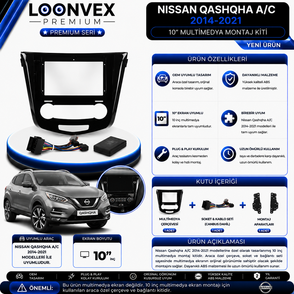 OONVEX Premium Nissan Qashqai A/C 2014-2021 10 İnç Multimedya Çerçeve ve Soket Montaj Kiti