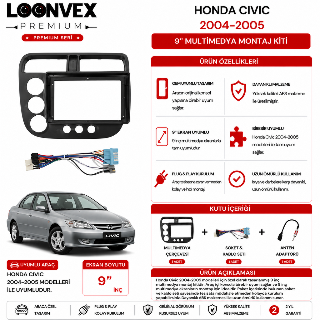 PREMIUM – HONDA CIVIC 2004-2005 9" MULTİMEDYA ÇERÇEVE + SOKET KİTİ