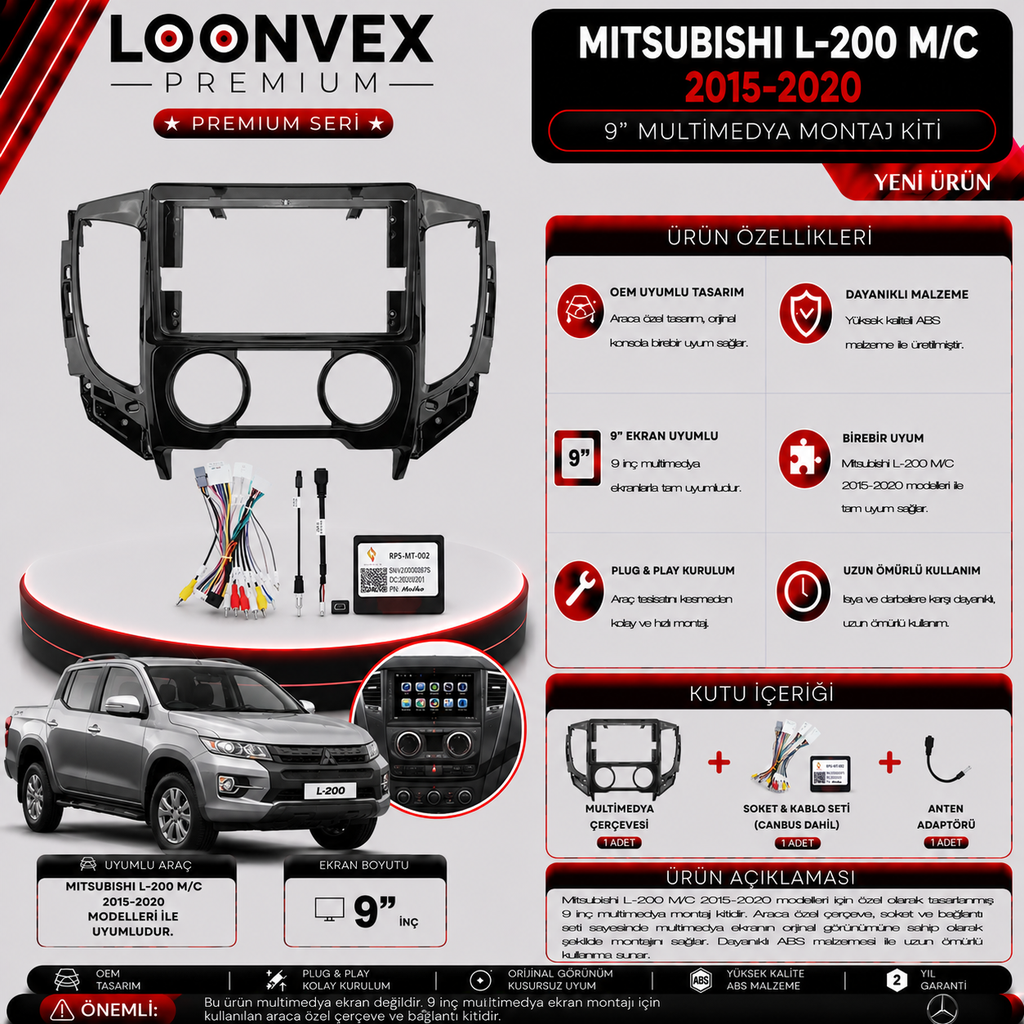 PREMIUM MITSUBISHI L-200 M/C 2015-2020 9" MULTİMEDYA MONTAJ KİTİ