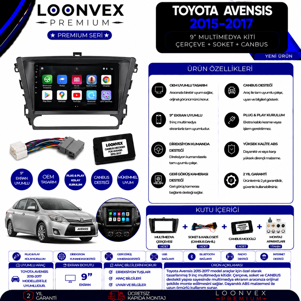 Premium Toyota Avensis 2015-2017 9 İnç Multimedya Çerçeve + Soket + CANBUS Montaj Kiti