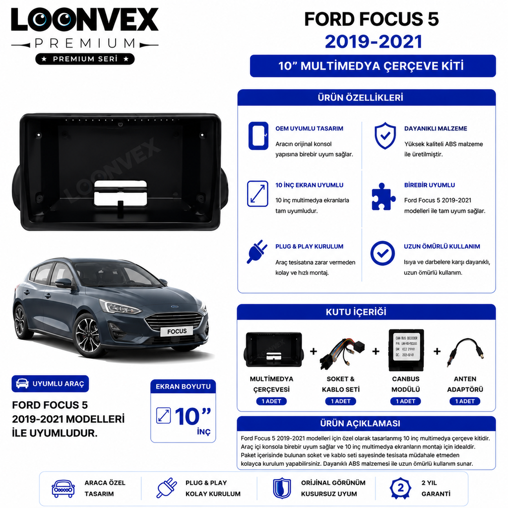 PREMIUM – FORD FOCUS 5 2019-2021 10" MULTİMEDYA ÇERÇEVE + SOKET KİTİ