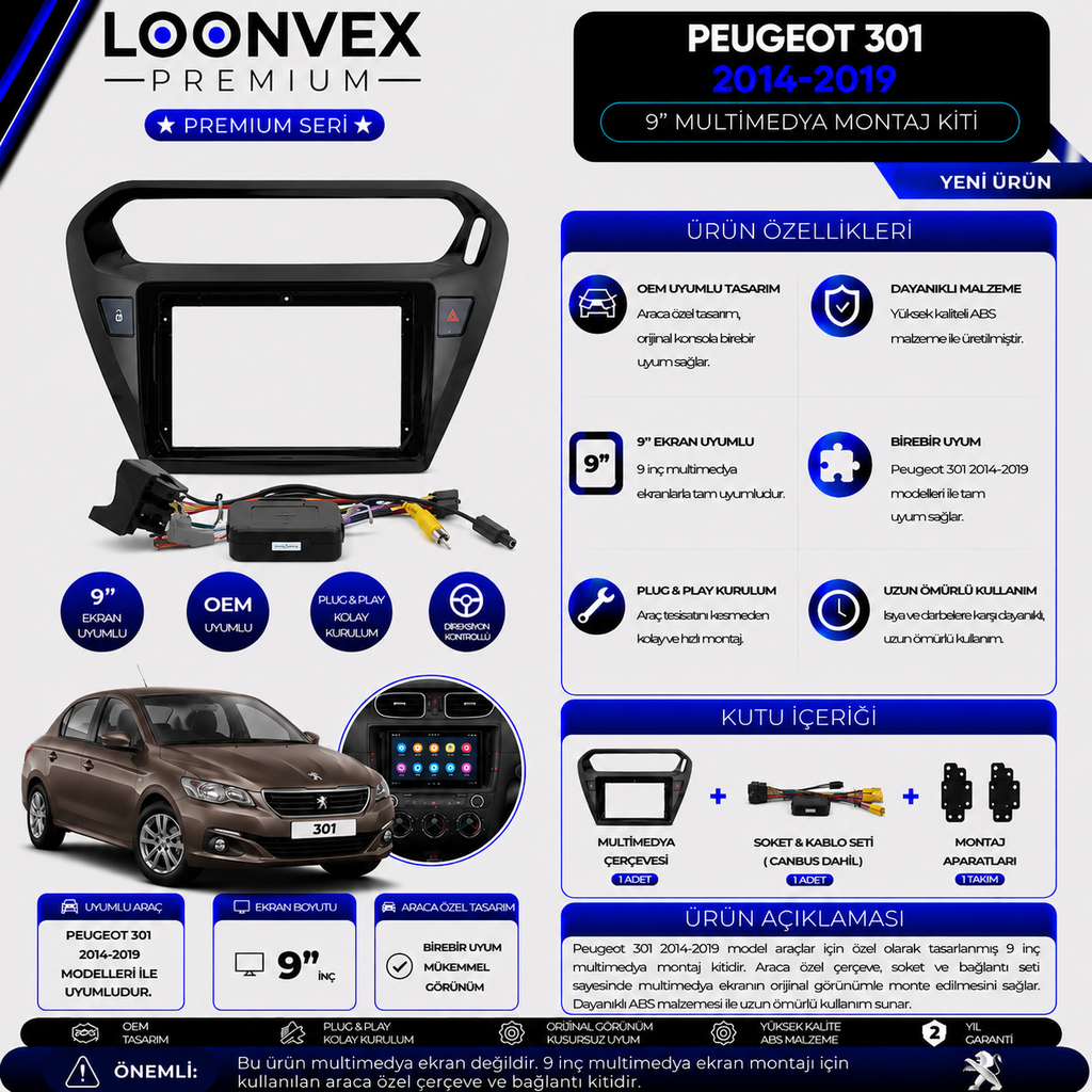 Premium Peugeot 301 2014-2019 9 İnç Siyah Multimedya Çerçeve + Soket + CANBUS Montaj Kiti