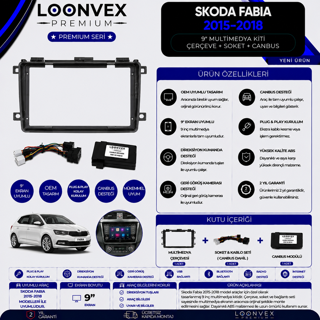 Premium Skoda Fabia 2015-2018 9 İnç Multimedya Çerçeve + Soket + CANBUS Montaj Kiti
