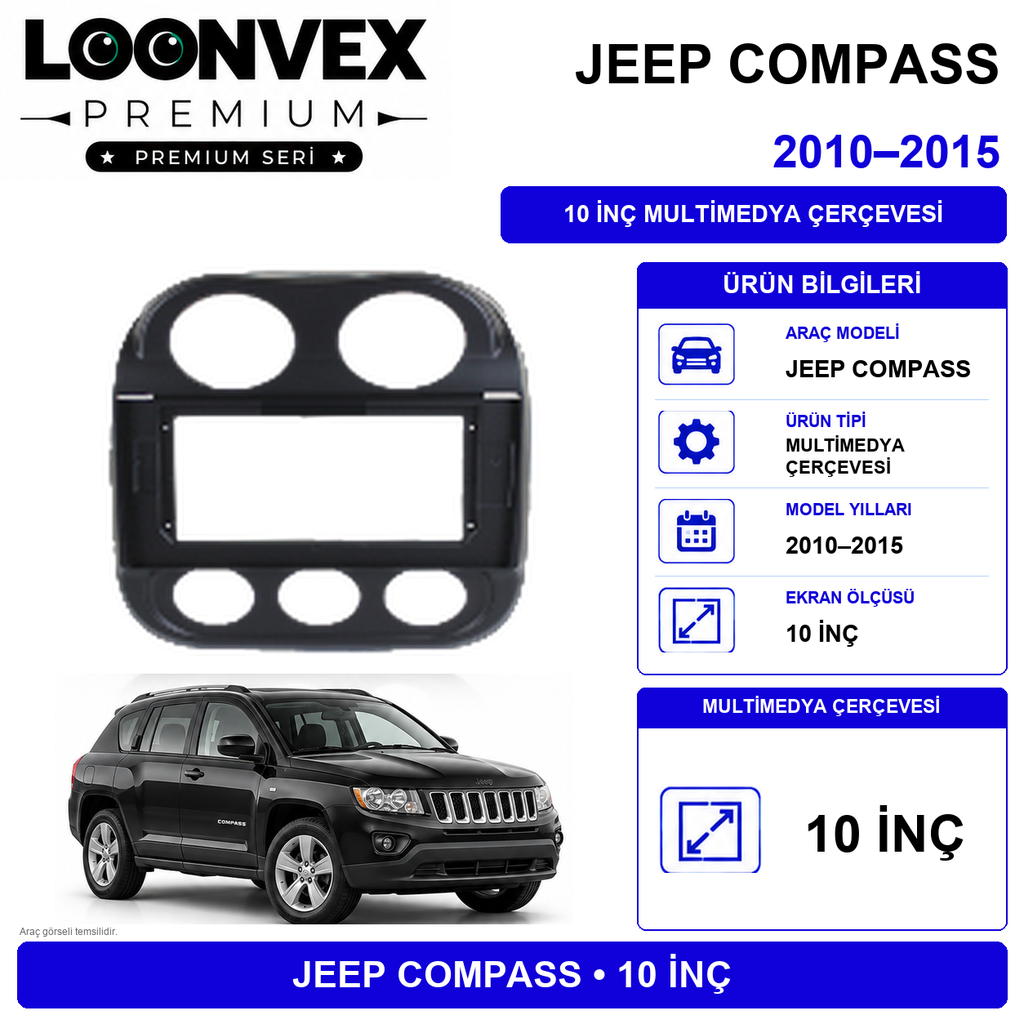 [LNV-CER-0154] LOONVEX PREMIUM – JEEP COMPASS 2010-2014 10" MULTİMEDYA ÇERÇEVE + SOKET KİTİ