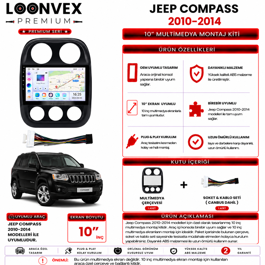 PREMIUM – JEEP COMPASS 2010-2014 10" MULTİMEDYA ÇERÇEVE + SOKET KİTİ
