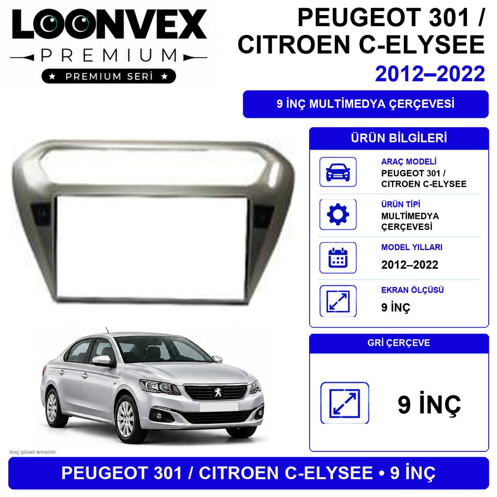 [LNV-CER-0231] LOONVEX Premium Peugeot 301 2014-2019 9 İnç Gri Multimedya Çerçeve + Soket + CANBUS Montaj Kiti