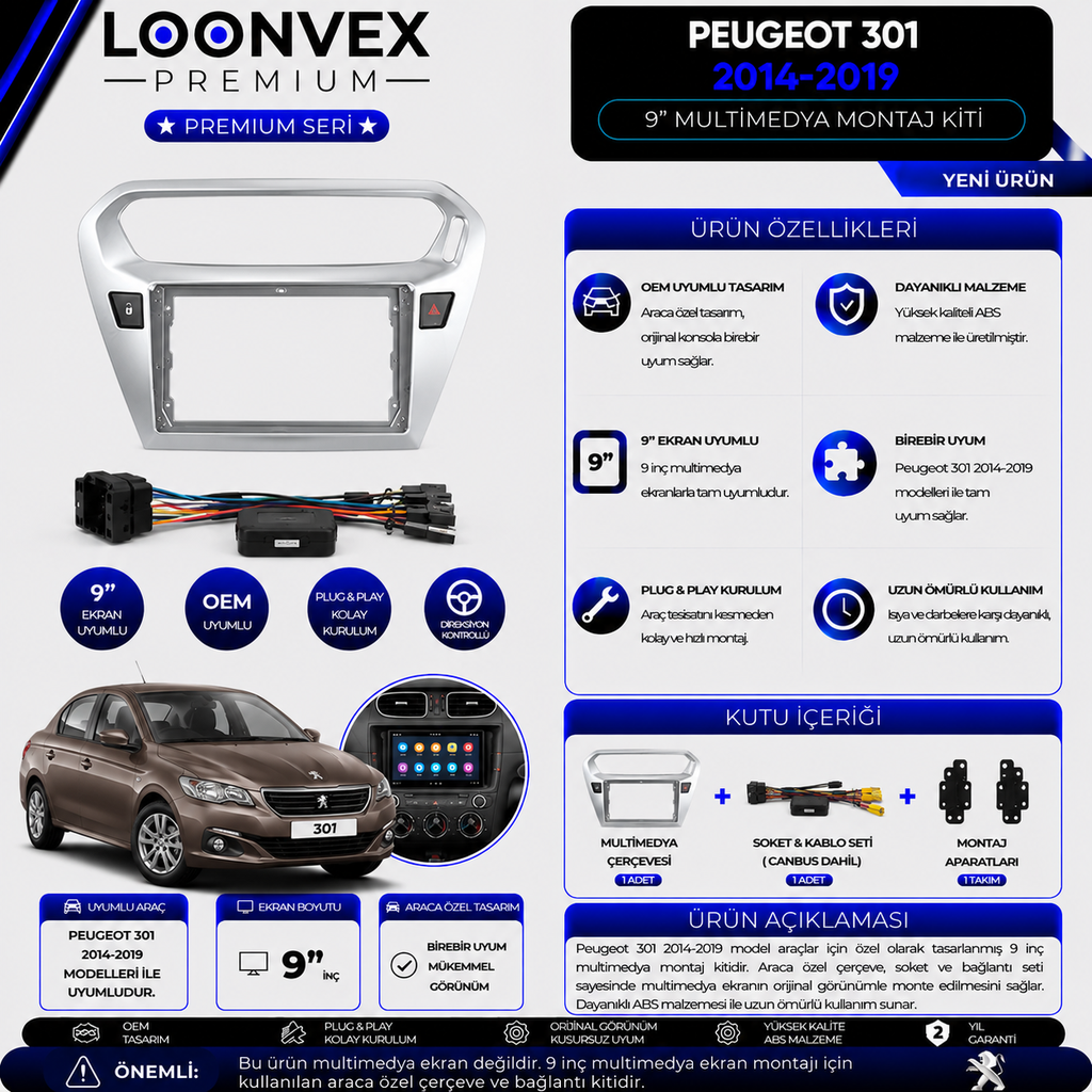 Premium Peugeot 301 2014-2019 9 İnç Gri Multimedya Çerçeve + Soket + CANBUS Montaj Kiti
