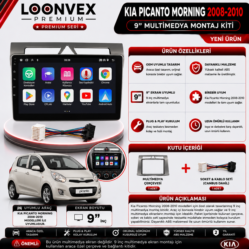 PREMIUM KIA PICANTO MORNING 2008-2010 9" MULTİMEDYA MONTAJ KİTİ