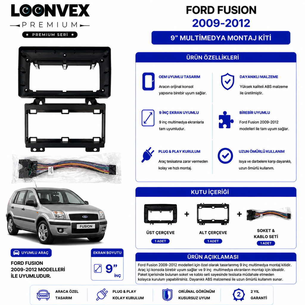 PREMIUM – FORD FUSION 2009-2012 9" MULTİMEDYA ÇERÇEVE + SOKET KİTİ