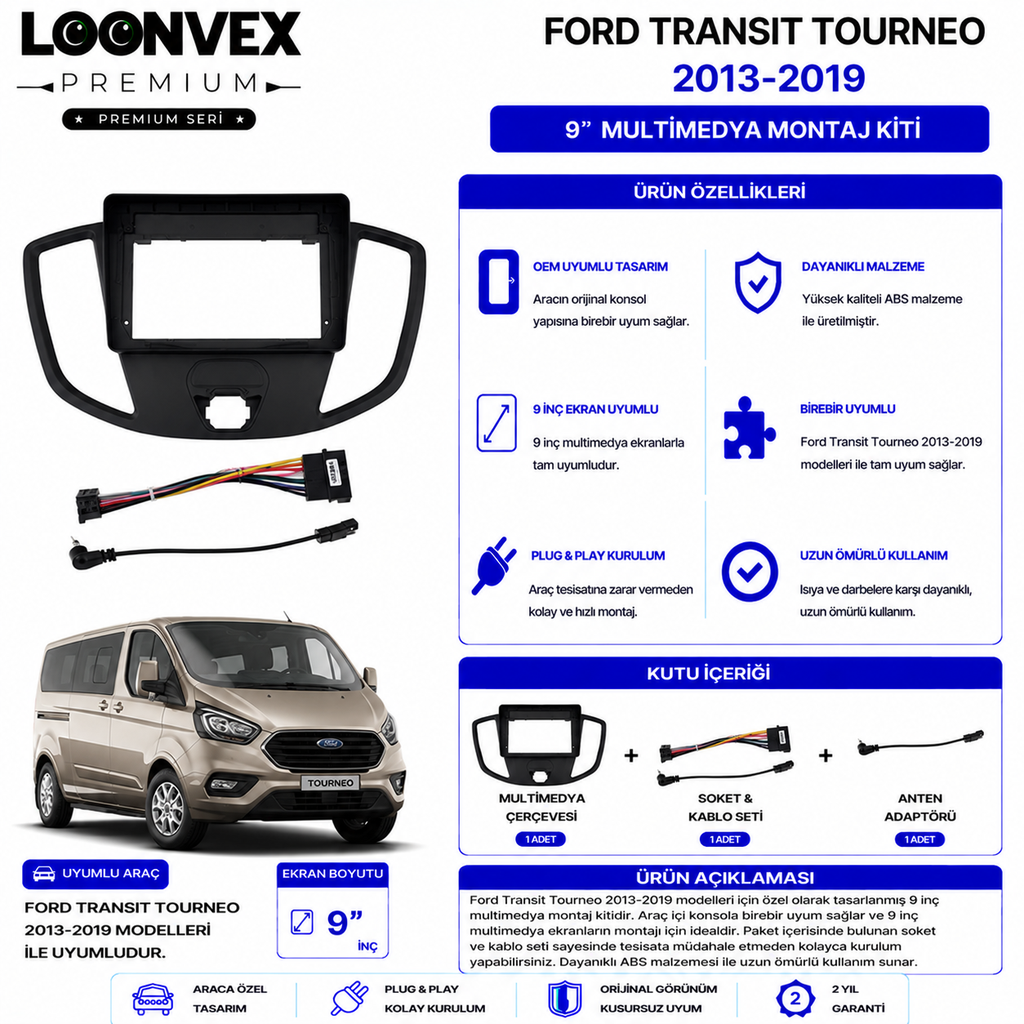 PREMIUM – FORD TRANSIT TOURNEO 2013-2019 9" MULTİMEDYA ÇERÇEVE + SOKET KİTİ