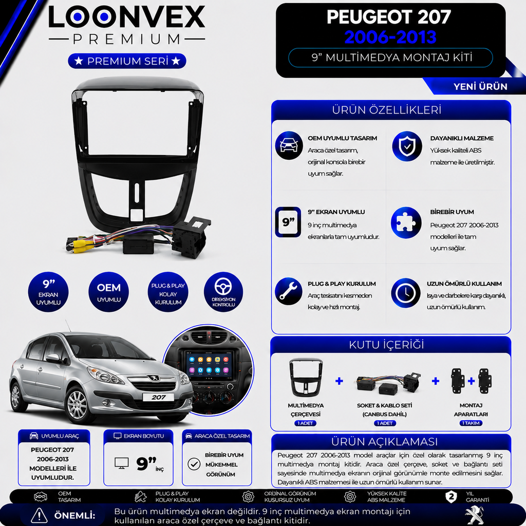 Premium Peugeot 207 2006-2013 9 İnç Multimedya Çerçeve + Soket + CANBUS Montaj Kiti