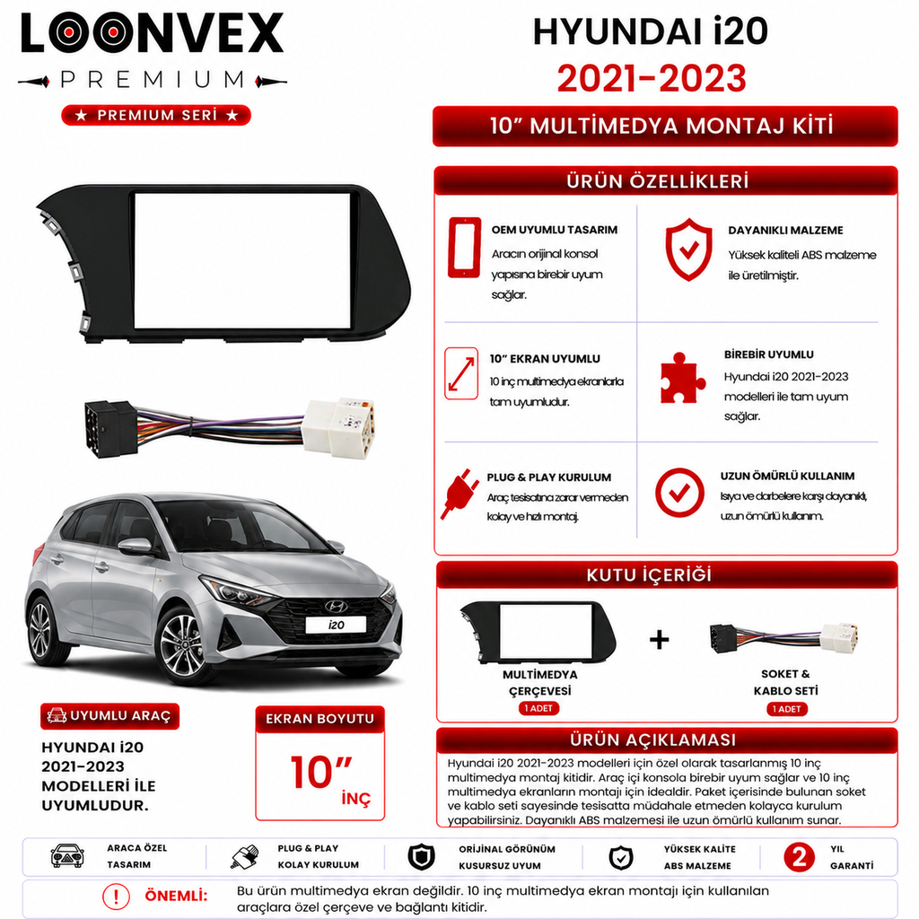 PREMIUM – HYUNDAI i20 2021-2023 10" MULTİMEDYA ÇERÇEVE + SOKET KİTİ